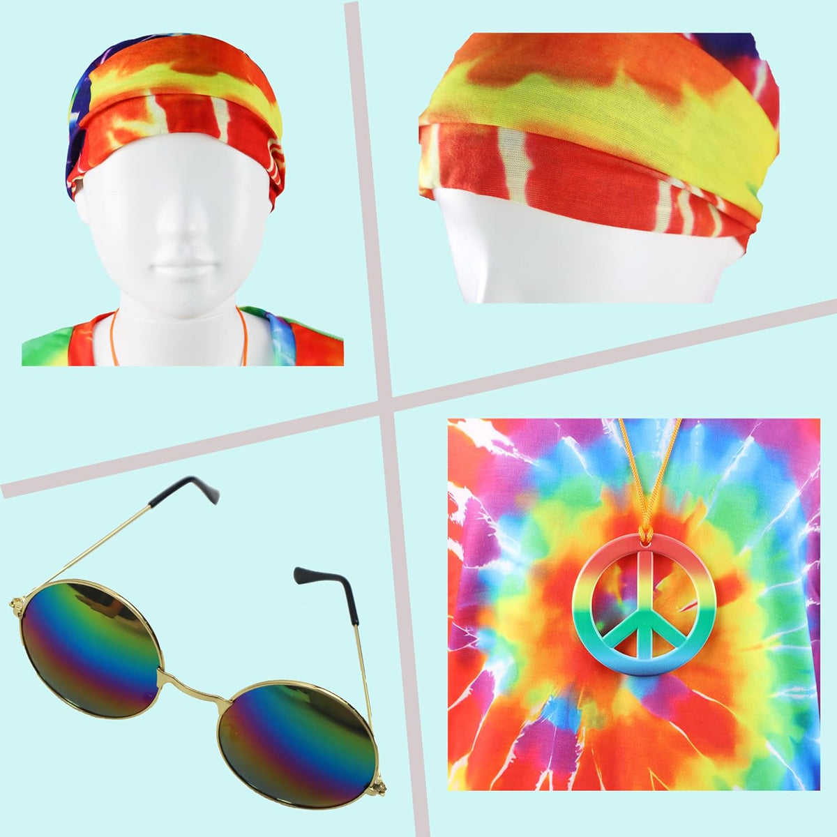 70s Outfits Boys 4Pcs Hippie Costume Accessories Kids Colorful Dye tshirt for Theme Party 60s 70s for 4-12 years - SHOMICOBOUTIQUE - Flyclothing LLC