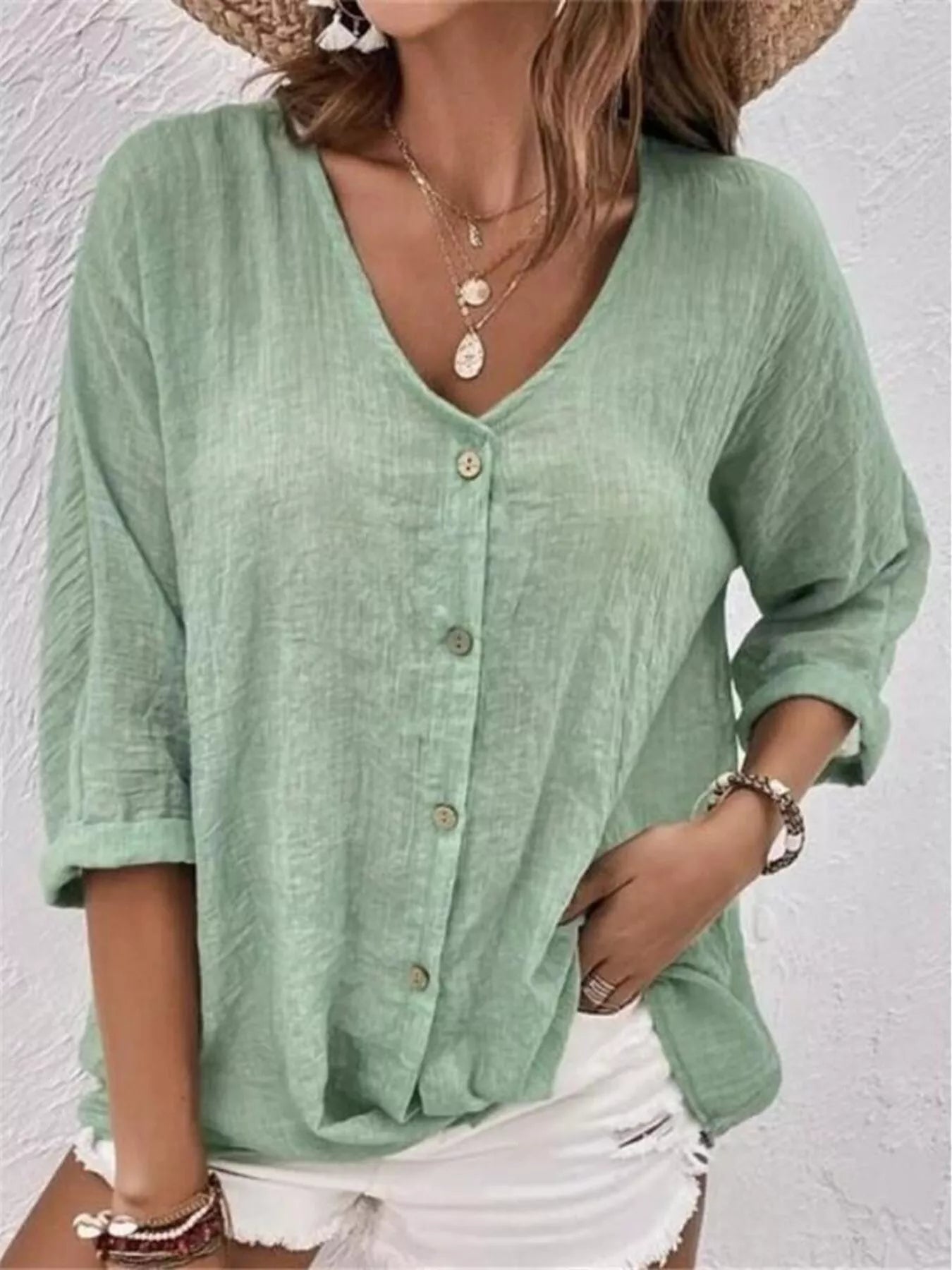 Full Size Casual V-Neck Button-Down Blouse Plus Size - Trendsi - Flyclothing LLC
