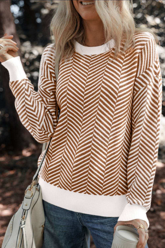 Striped Round Neck Long Sleeve Sweater - Trendsi - Flyclothing LLC