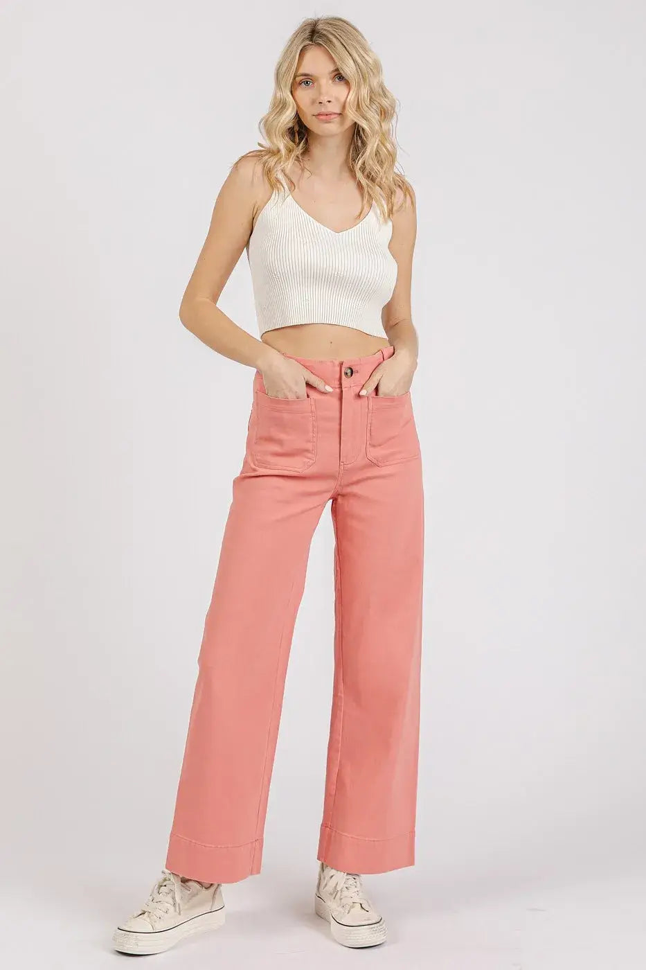 Mittoshop Twill Patch Pocket High Rise Wide Leg Pants - Trendsi - Flyclothing LLC