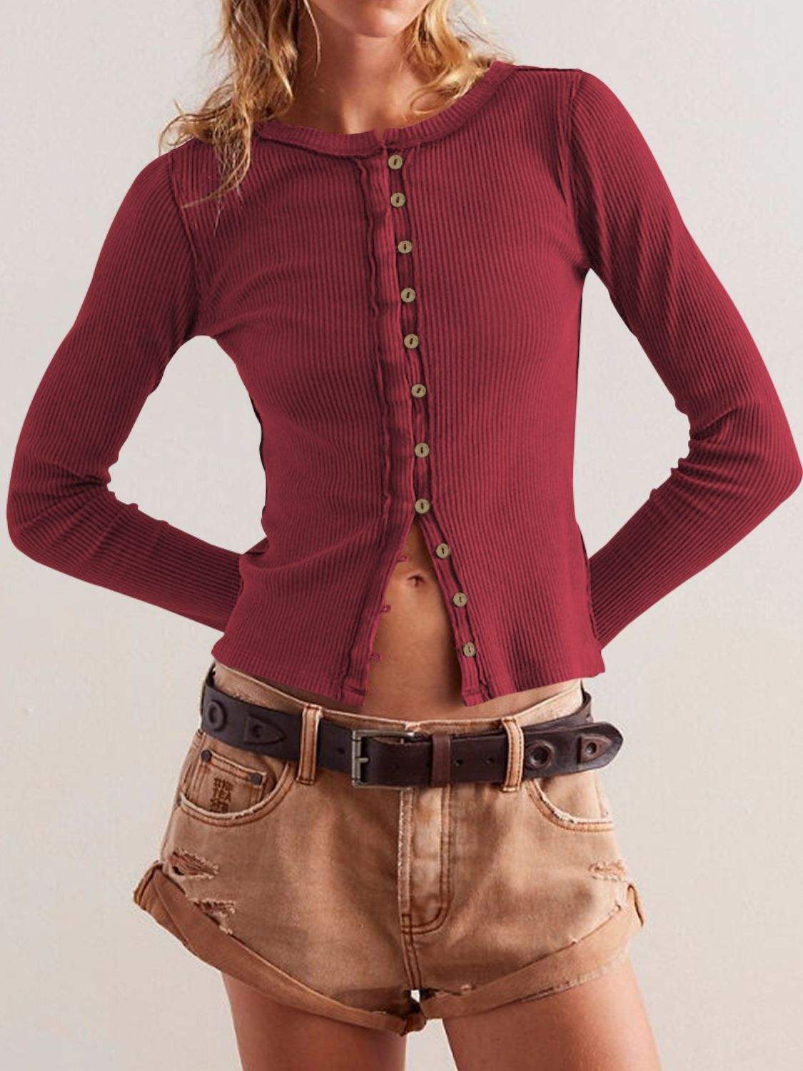 Ribbed Round Neck Long Sleeve Top - Trendsi - Flyclothing LLC