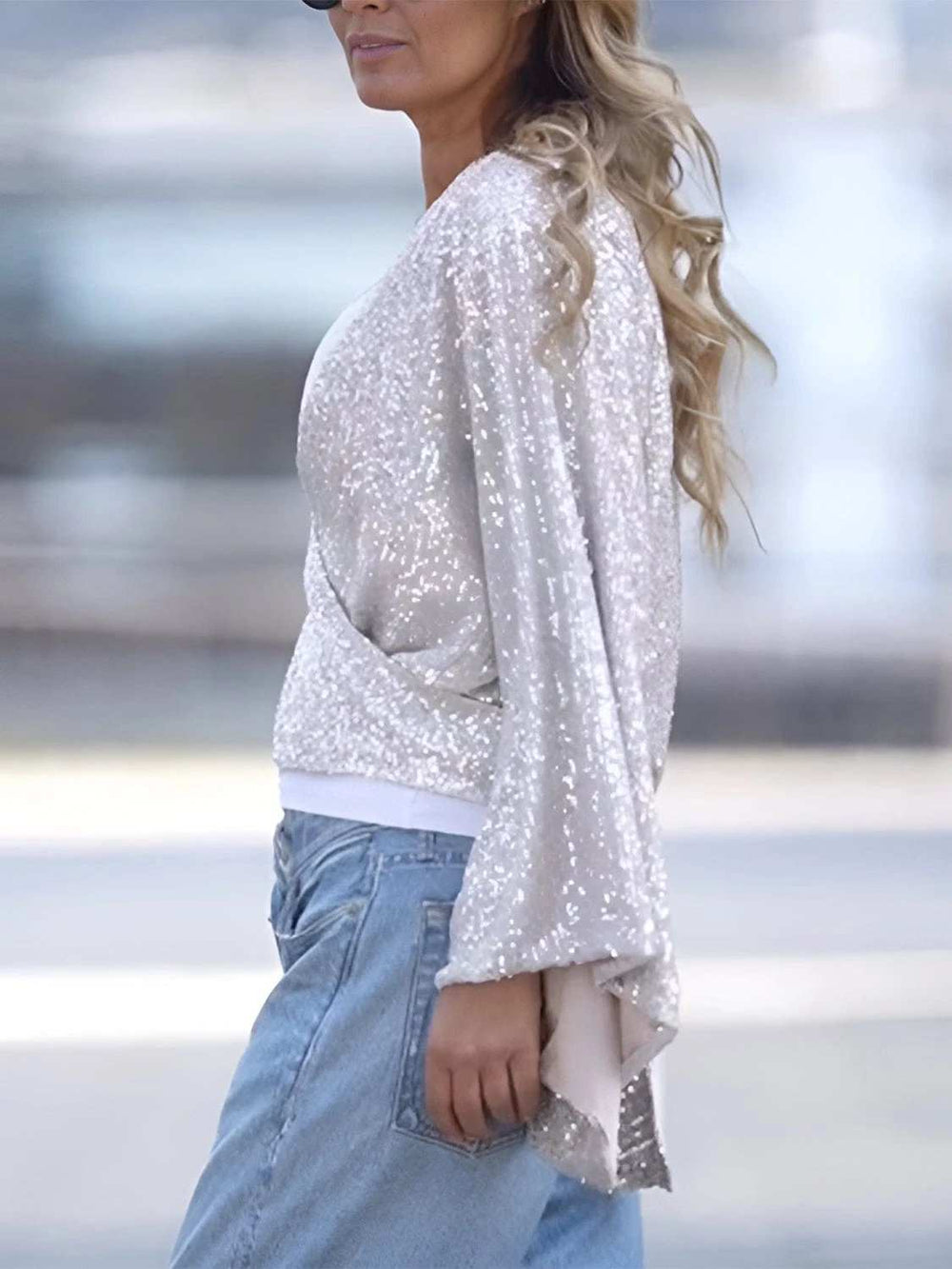Tied Sequin Surplice Flare Sleeve Blouse - Trendsi - Flyclothing LLC