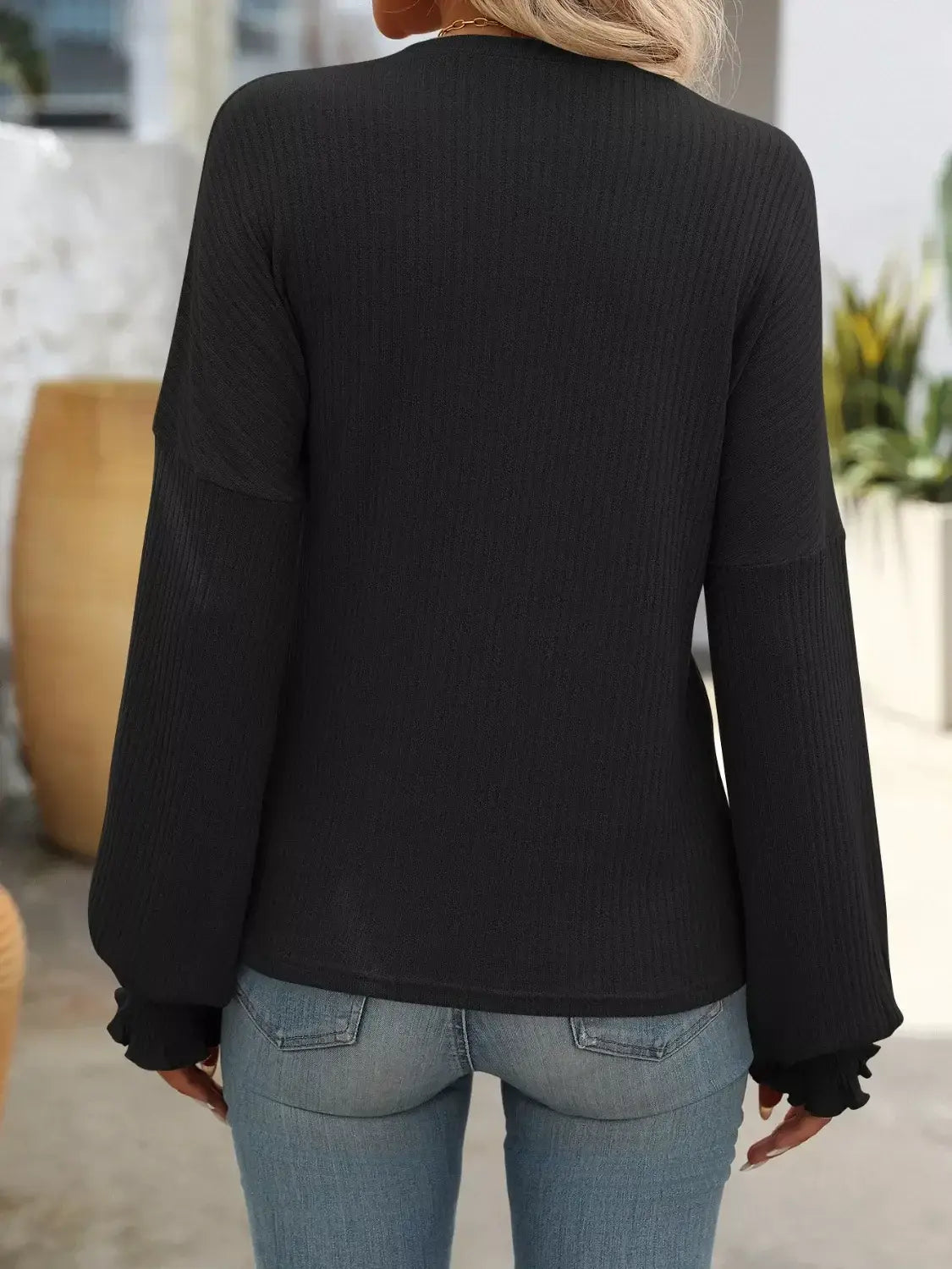 Ribbed Knit Ruffle Cuff T-Shirt - Trendsi - Flyclothing LLC