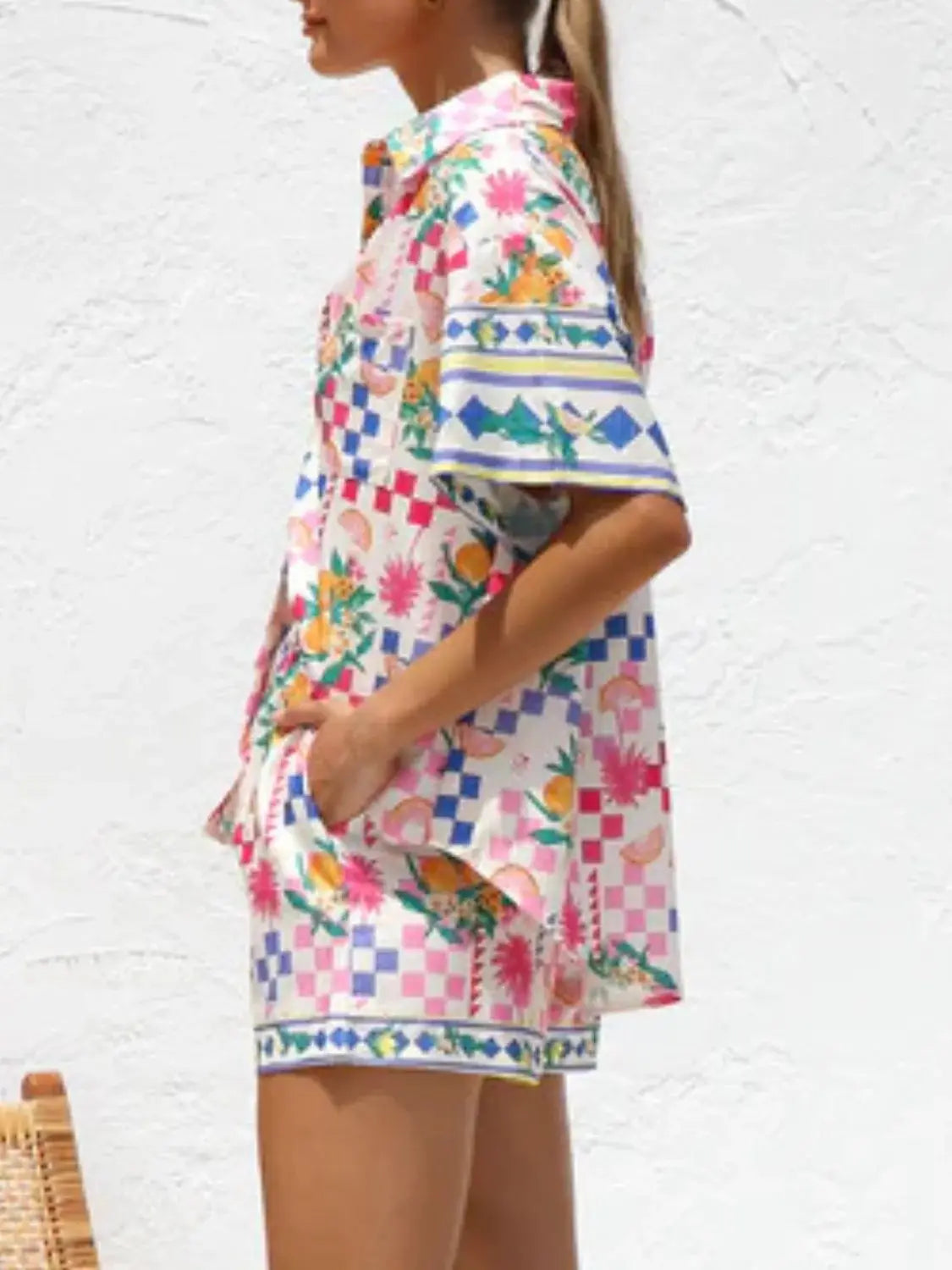 Printed Button Down Short Sleeve Top and Shorts Set - Trendsi - Flyclothing LLC