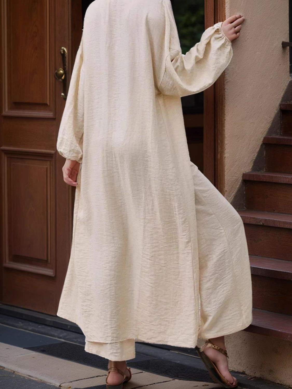 Open Front Balloon Sleeve Cardigan and Pants Set - Trendsi - Flyclothing LLC