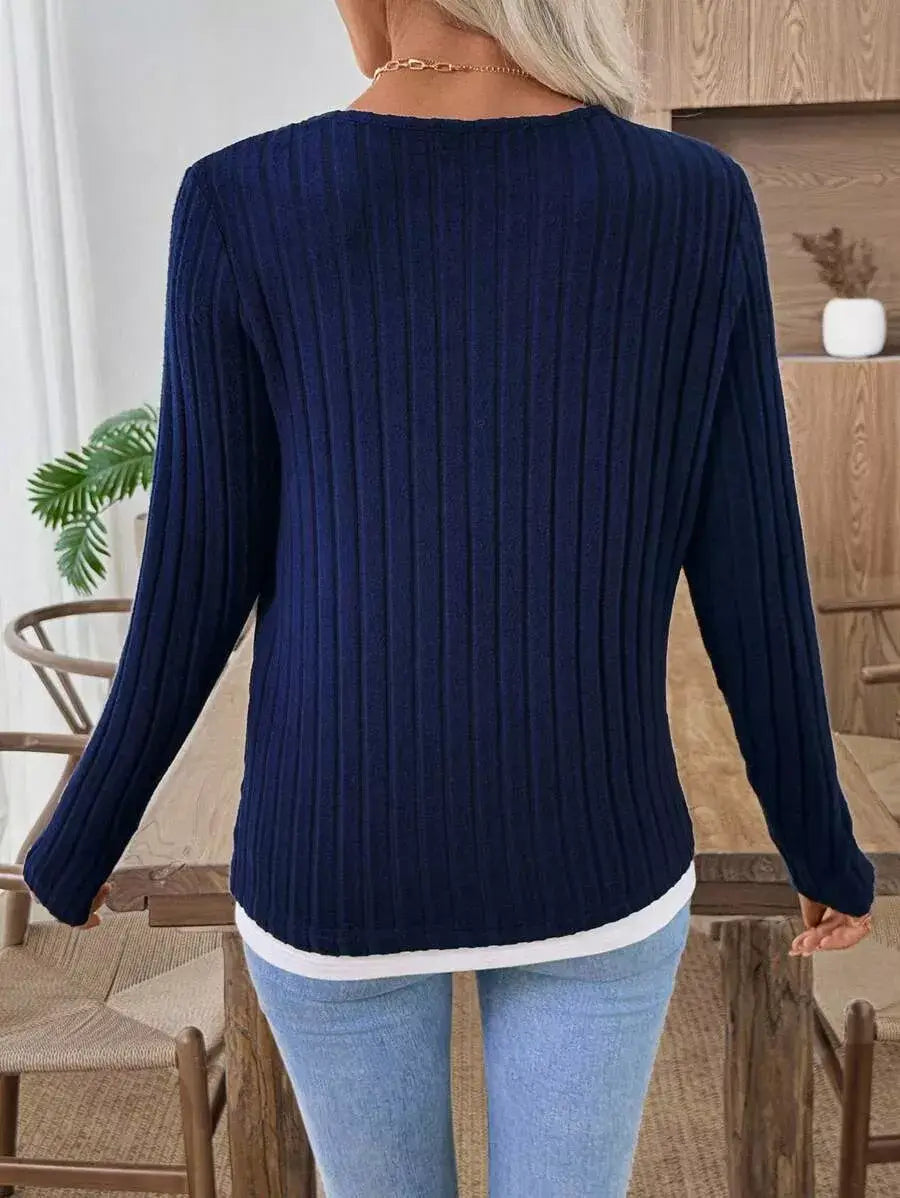 Ribbed Knit Long Sleeve Fake Two-Piece T-Shirt - Trendsi - Flyclothing LLC