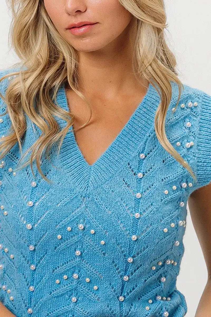 BiBi Chevron Pointelle Pearl Knit Top - Trendsi - Flyclothing LLC