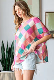 HOPELY Full Size Multi Colored Argyle Side Slit T-Shirt - Trendsi - Flyclothing LLC