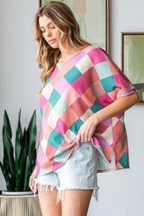 HOPELY Full Size Multi Colored Argyle Side Slit T-Shirt - Trendsi