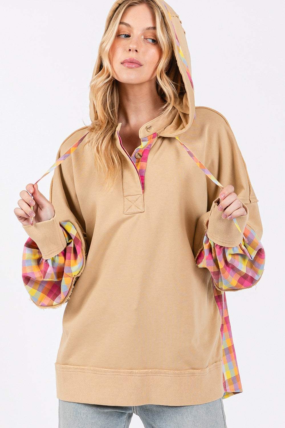 SAGE + FIG Full Size Plaid Print Washed Hoodie - Trendsi - Flyclothing LLC