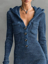 Hooded Knit Maxi Dress with Button-Up Placket and Chest Pockets - Trendsi - Flyclothing LLC