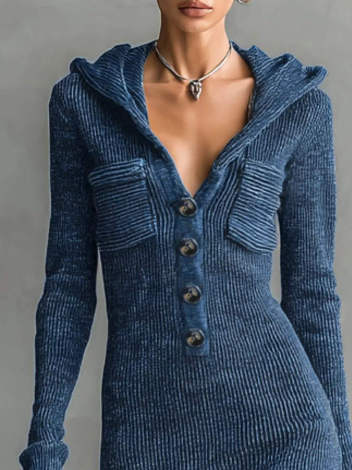 Hooded Knit Maxi Dress with Button-Up Placket and Chest Pockets - Trendsi - Flyclothing LLC