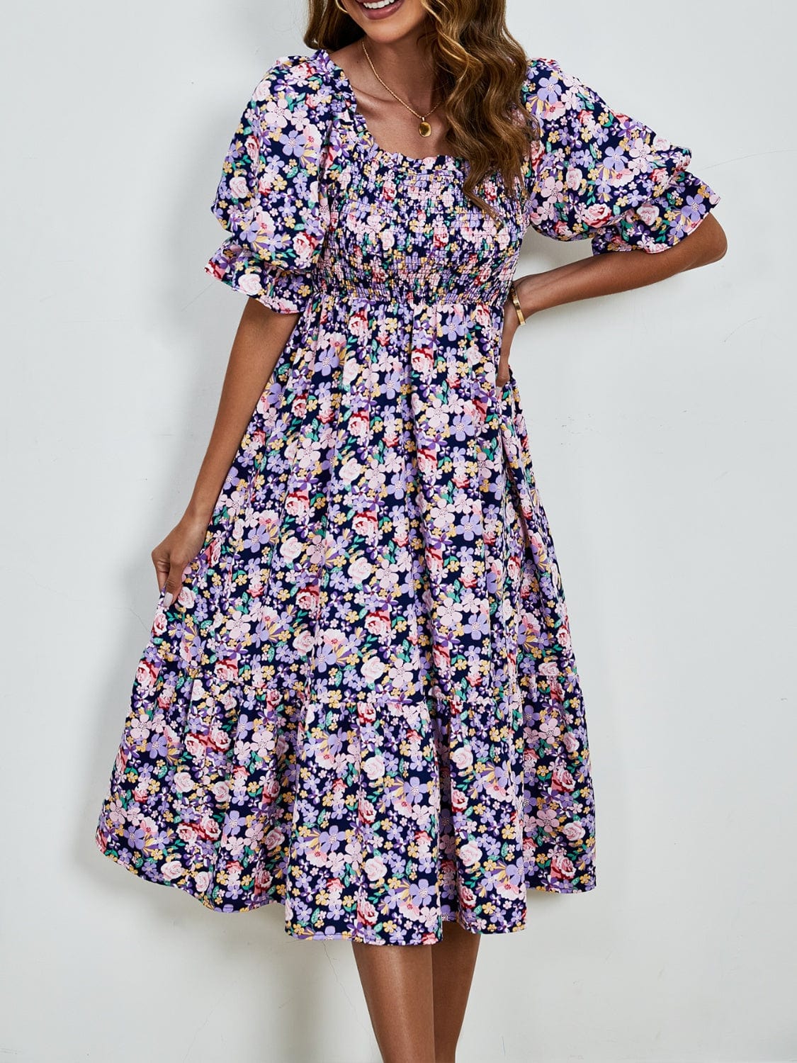 Smocked Floral Square Neck Short Sleeve Dress Trendsi