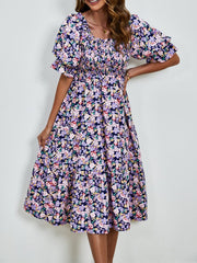 Smocked Floral Square Neck Short Sleeve Dress Trendsi