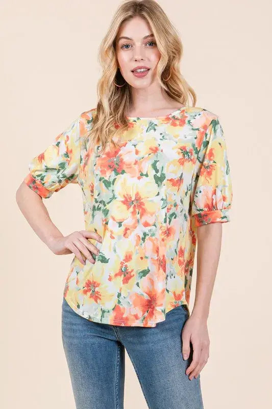 BOMBOM Floral Round Neck Puff Sleeve Top - Trendsi - Flyclothing LLC