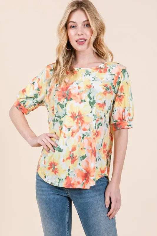 BOMBOM Floral Round Neck Puff Sleeve Top - Trendsi - Flyclothing LLC