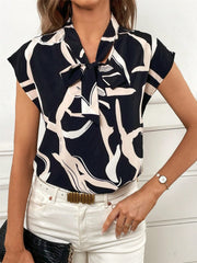 Printed Tie Neck Cap Sleeve Blouse - Trendsi