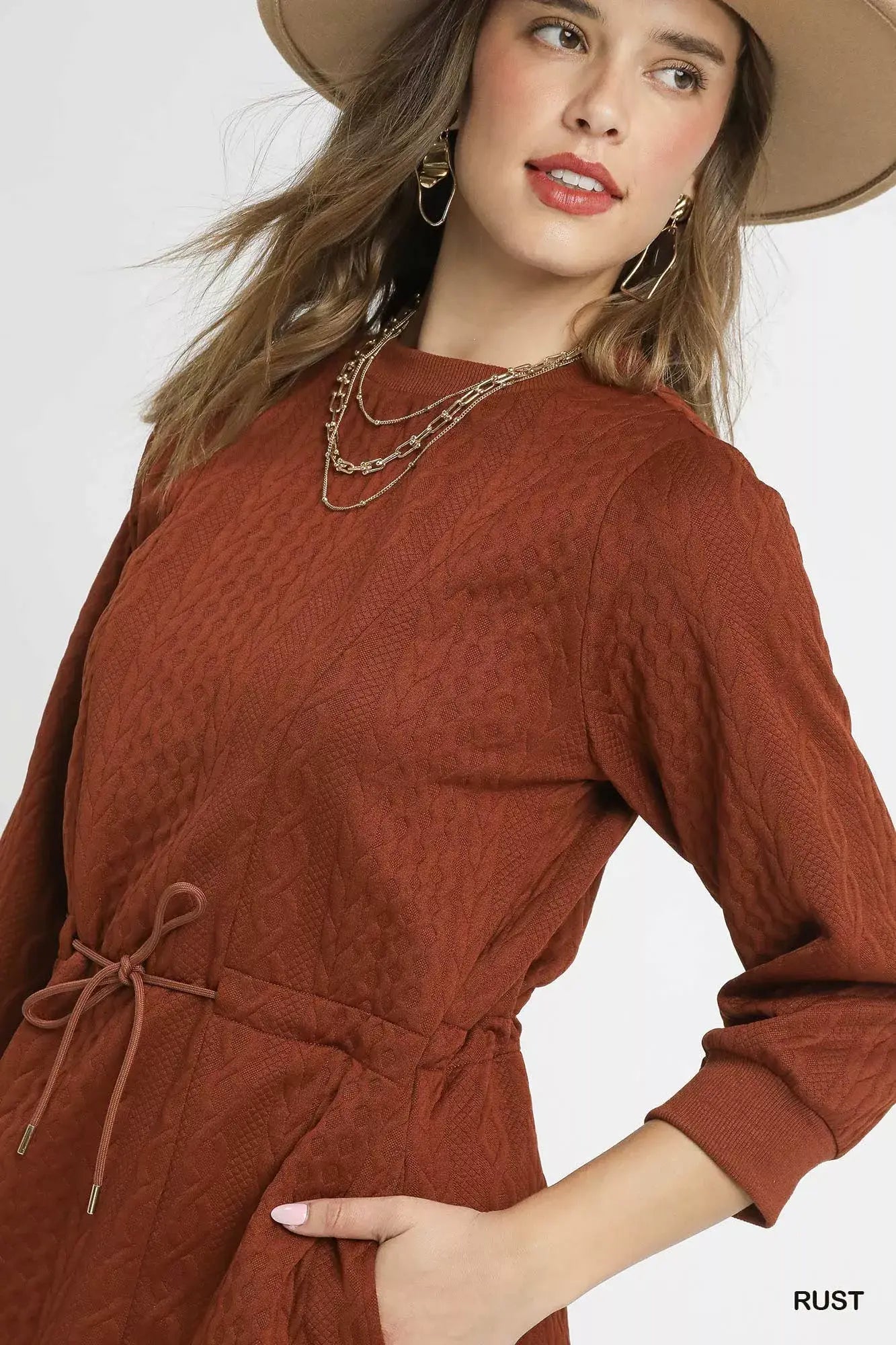 Umgee Drawstring Cable Knit Mini Dress with Pockets - Trendsi - Flyclothing LLC