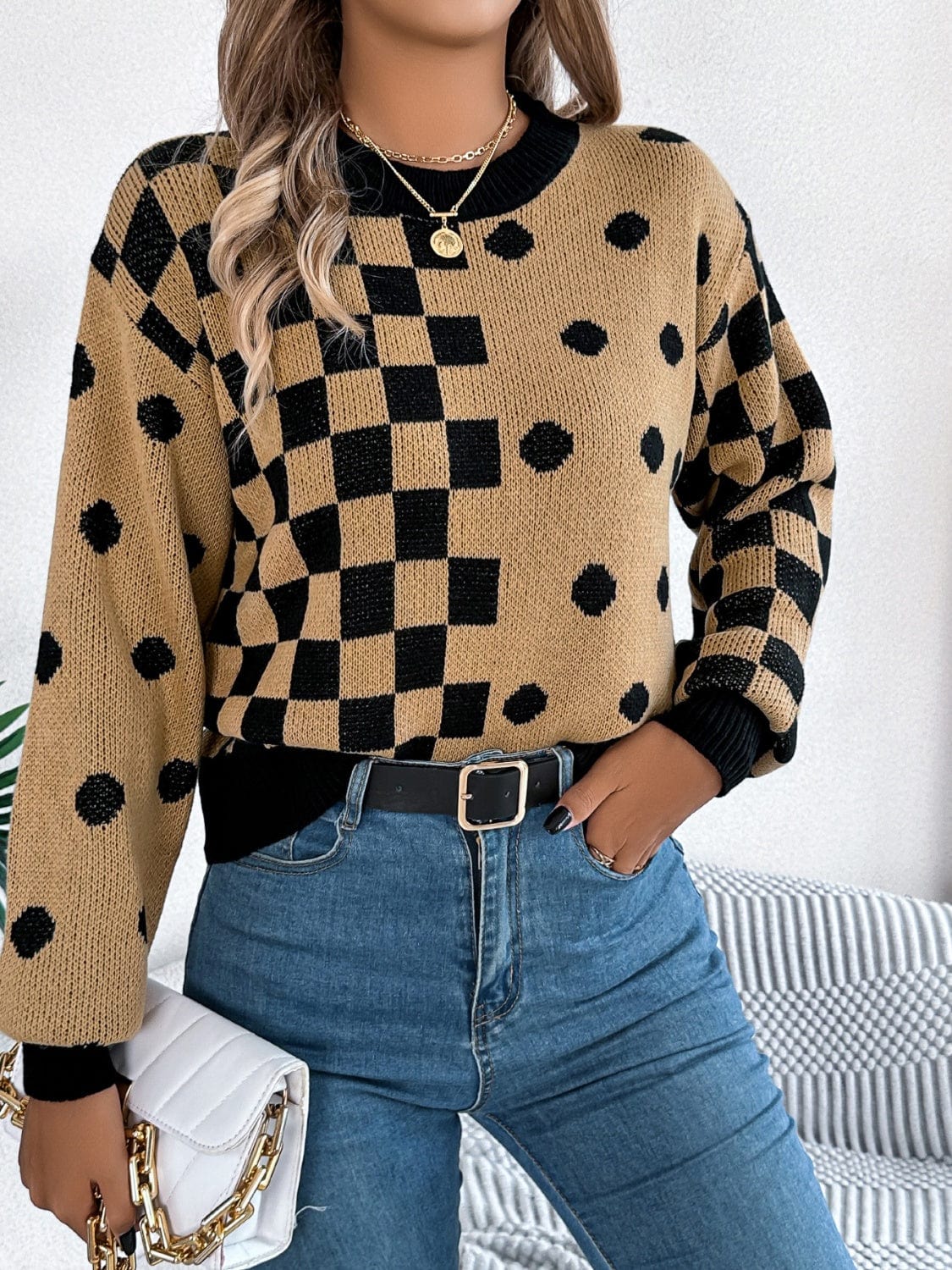 Plaid Round Neck Long Sleeve Sweater - Trendsi