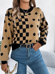 Plaid Round Neck Long Sleeve Sweater - Trendsi