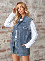Raw Hem Sleeveless Button Up Denim Jacket - Trendsi - Flyclothing LLC
