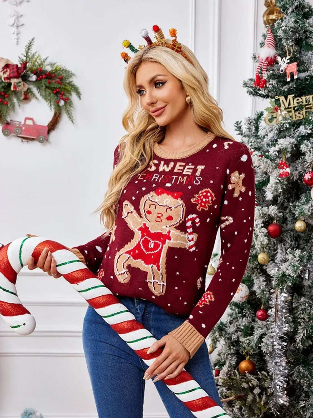 Gingerbread Round Neck Long Sleeve Sweater - Trendsi - Flyclothing LLC