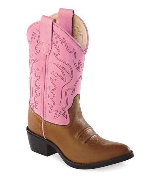 Old West Tan Canyon foot Pink shaft Children's Narrow J Toe Boots - Old West