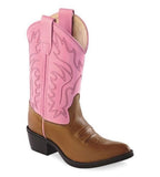 Old West Tan Canyon foot Pink shaft Children's Narrow J Toe Boots - Old West