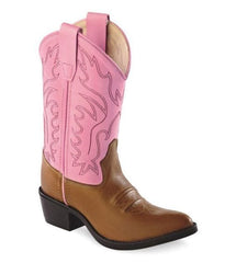 Old West Tan Canyon foot Pink shaft Children's Narrow J Toe Boots - Old West