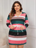 Plus Size Striped V-Neck Long Sleeve Mini Dress - Trendsi