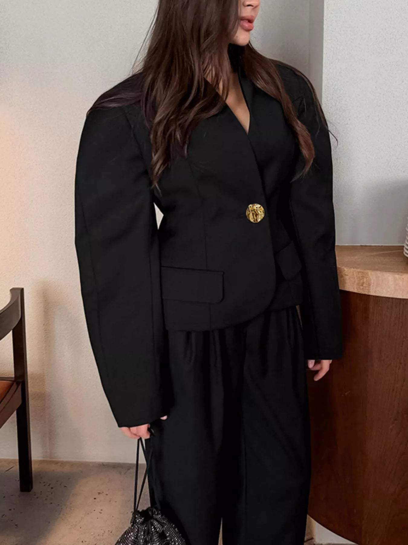 Puffy Sleeve Blazer and Wide-Leg Pants Set - Trendsi - Flyclothing LLC