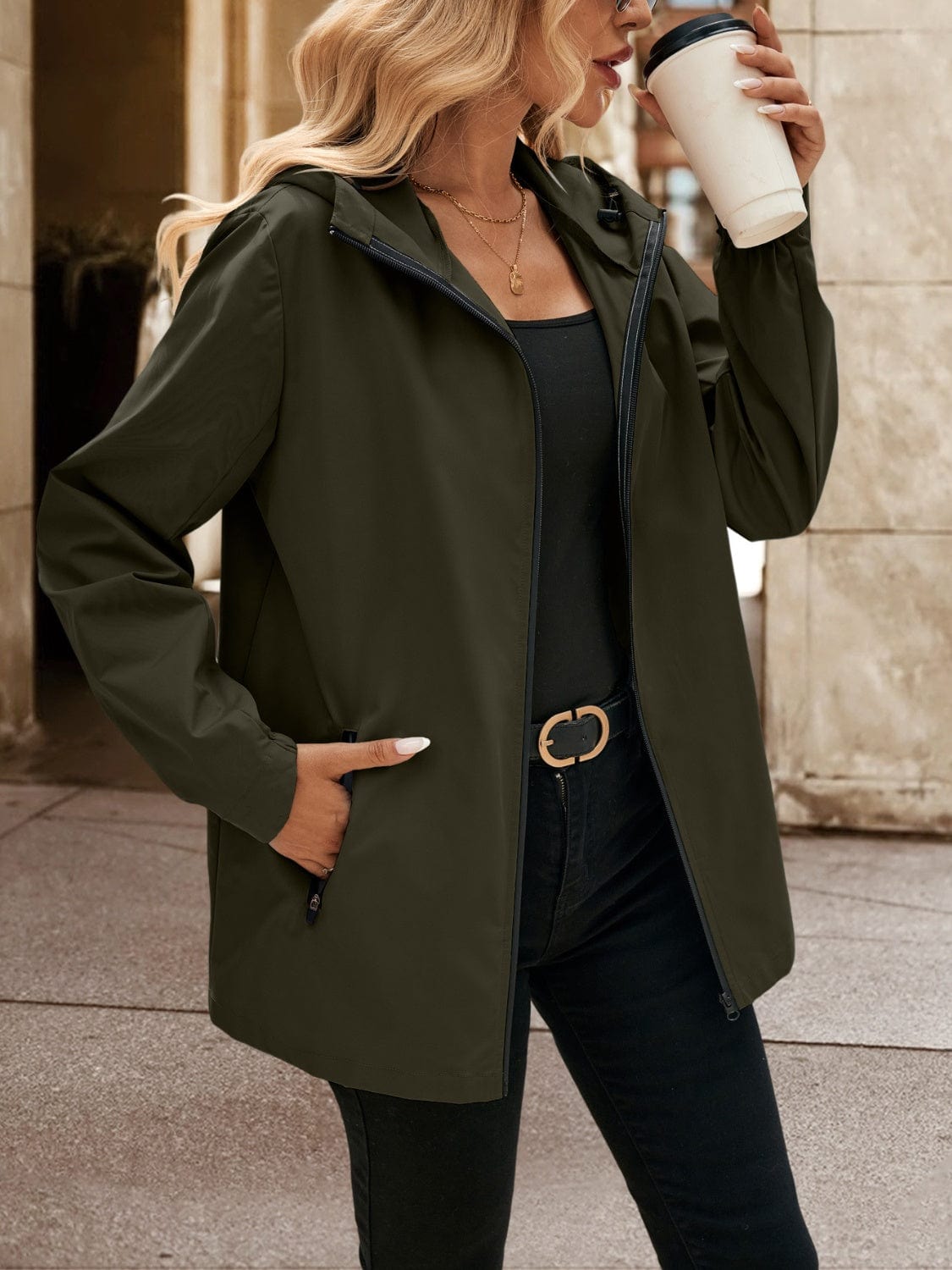 Pocketed Zip Up Hooded Jacket - Trendsi