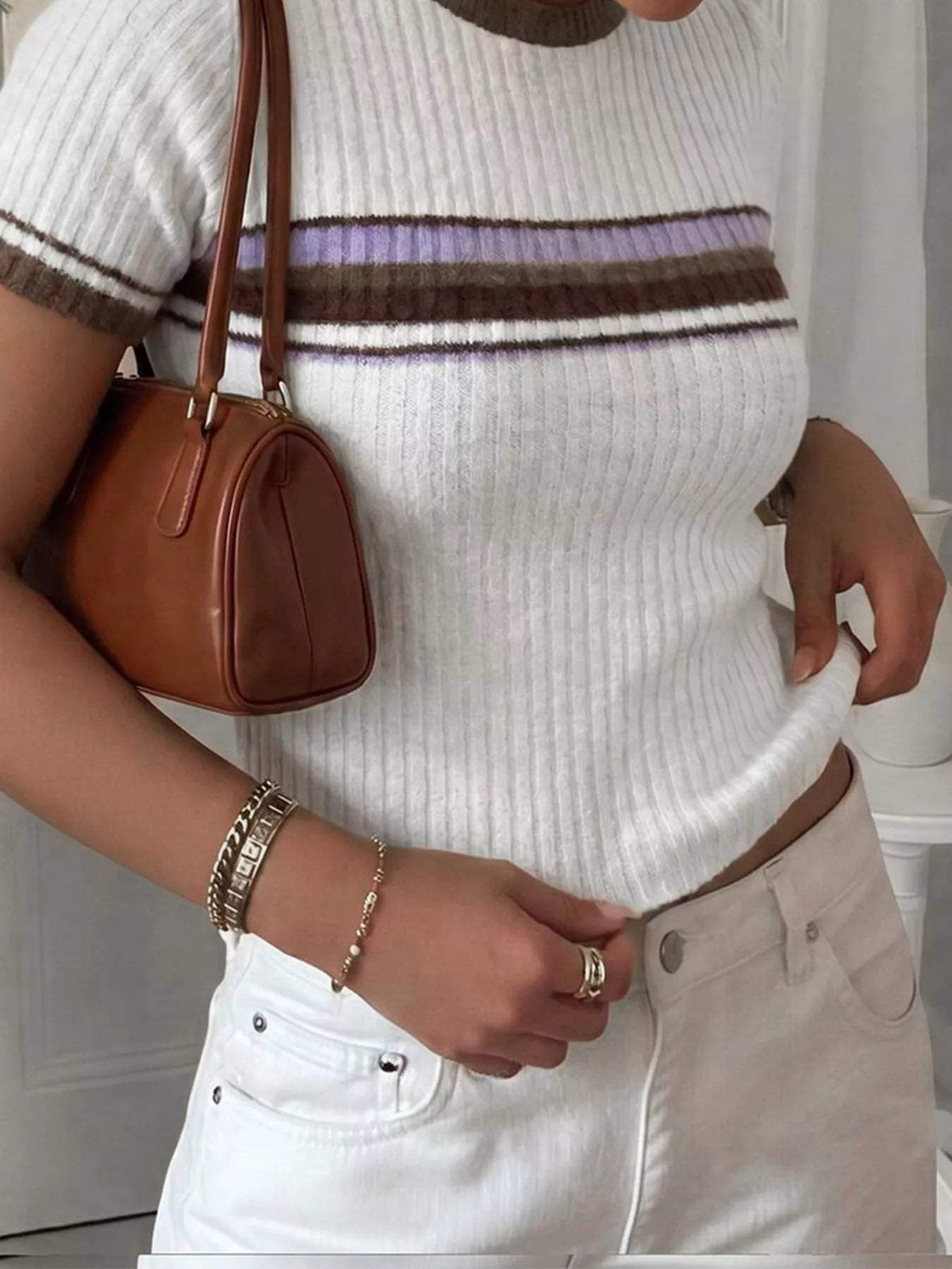 Striped Short Sleeve Knit Top - Trendsi - Flyclothing LLC