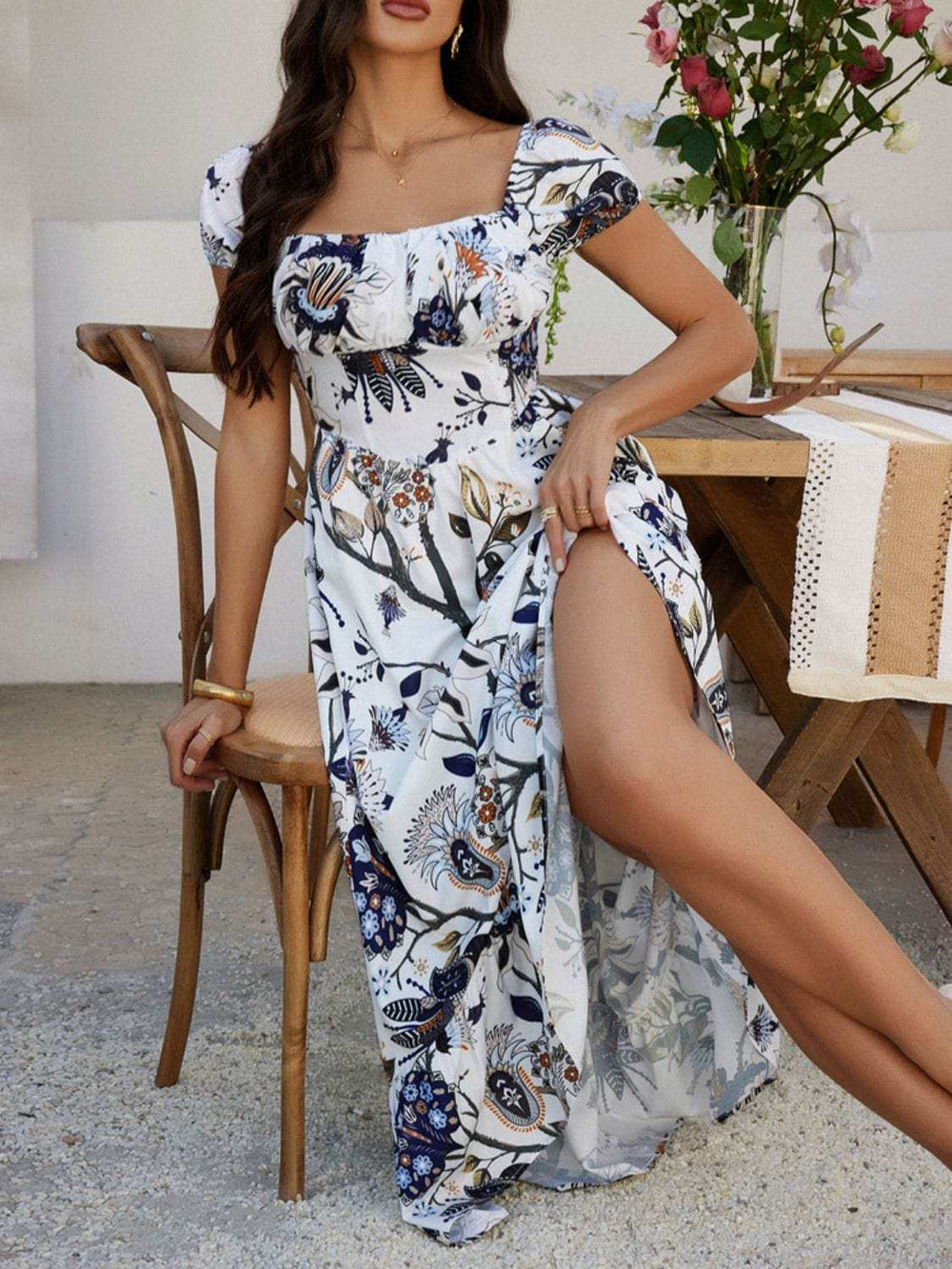 Devine Smocked Printed Short Sleeve Maxi Dress - Trendsi - Flyclothing LLC