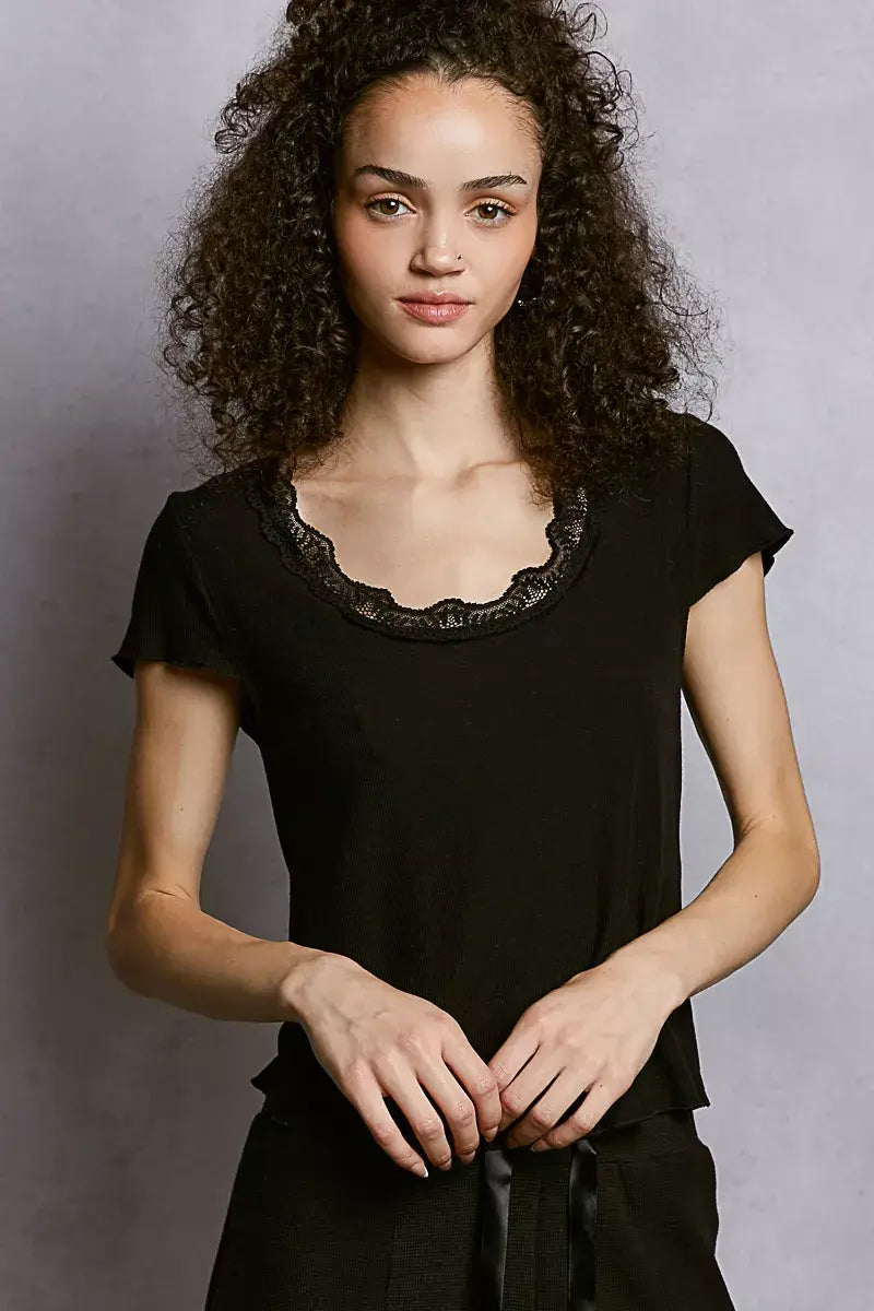 POL Round Neck Short Sleeve Crop T-Shirt with Lace Trim - Trendsi - Flyclothing LLC