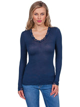 EGi Luxury Wool Silk Long Sleeve Top with Lace Trim. Proudly Made in Italy (1489) - tittimitti - Flyclothing LLC