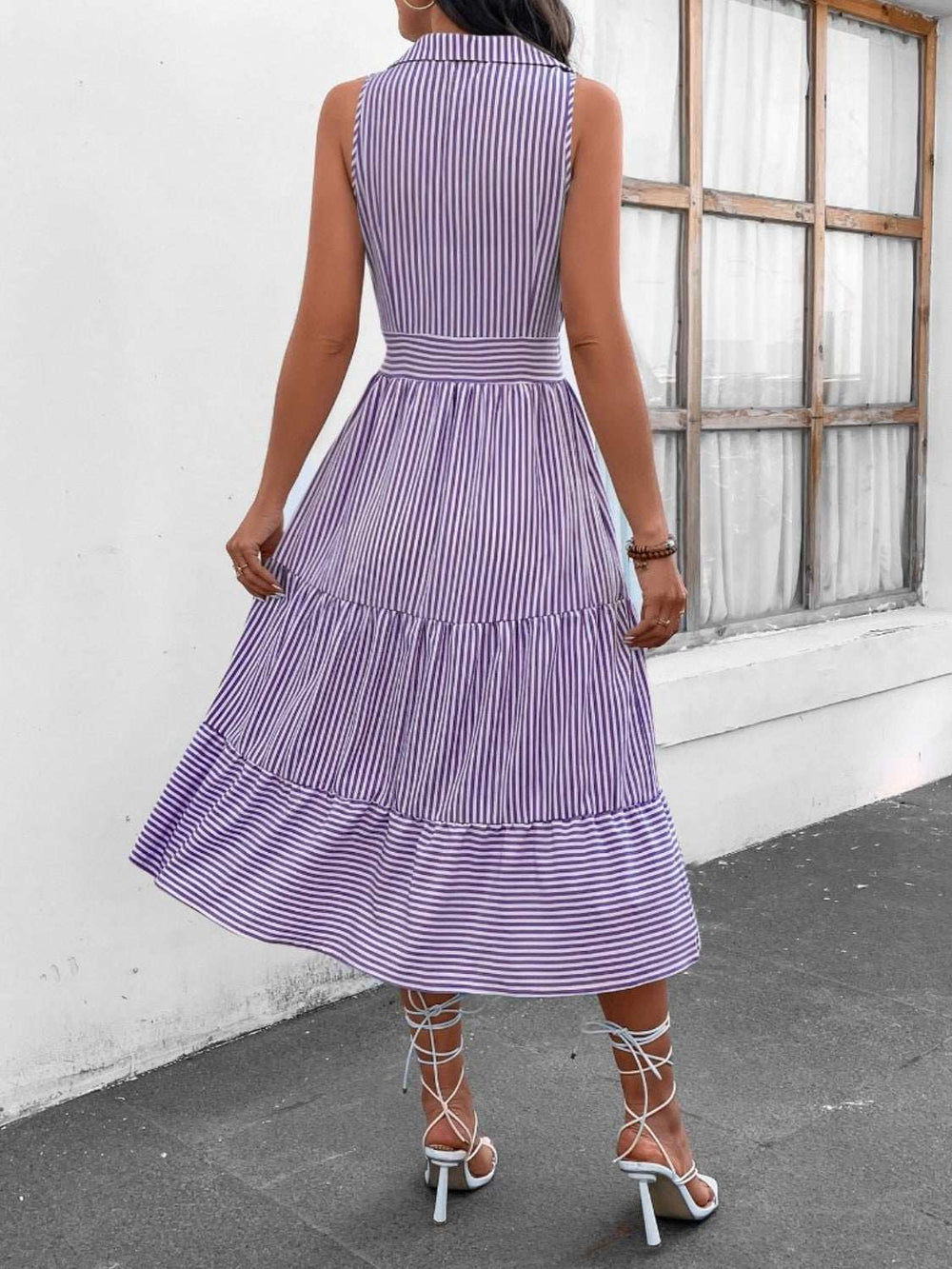 Striped Johnny Collar Sleeveless Midi Dress - Trendsi - Flyclothing LLC