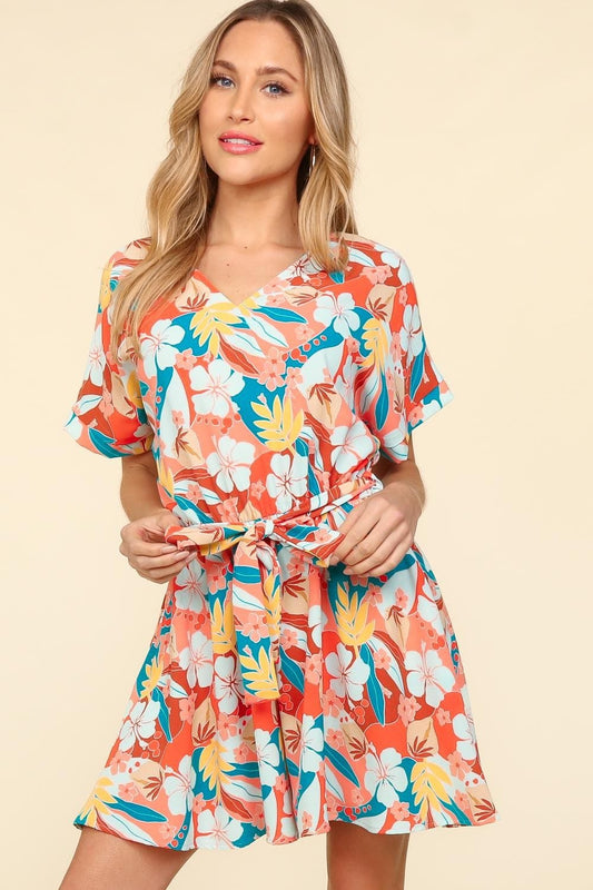 Haptics Tropical Floral Short Sleeve Tied Romper - Trendsi