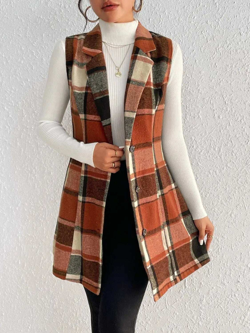 Honey Plaid Button Up Vest Coat - Trendsi - Flyclothing LLC