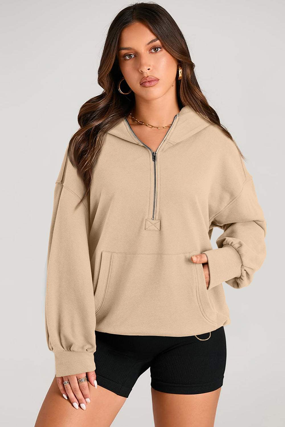 Pocketed Half Zip Long Sleeve Hoodie - Trendsi - Flyclothing LLC