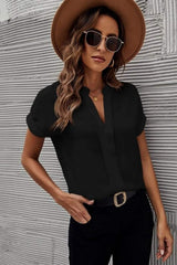 Full Size Notched Short Sleeve Blouse - Trendsi - Flyclothing LLC