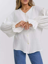 Button Up Flounce Sleeve Shirt - Trendsi - Flyclothing LLC