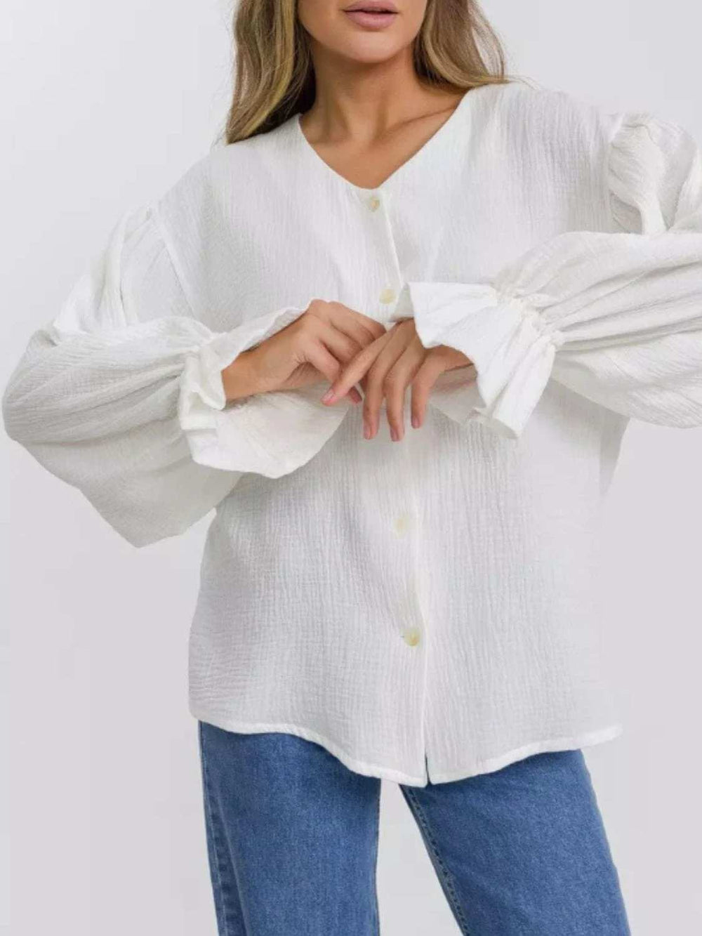 Button Up Flounce Sleeve Shirt - Trendsi - Flyclothing LLC