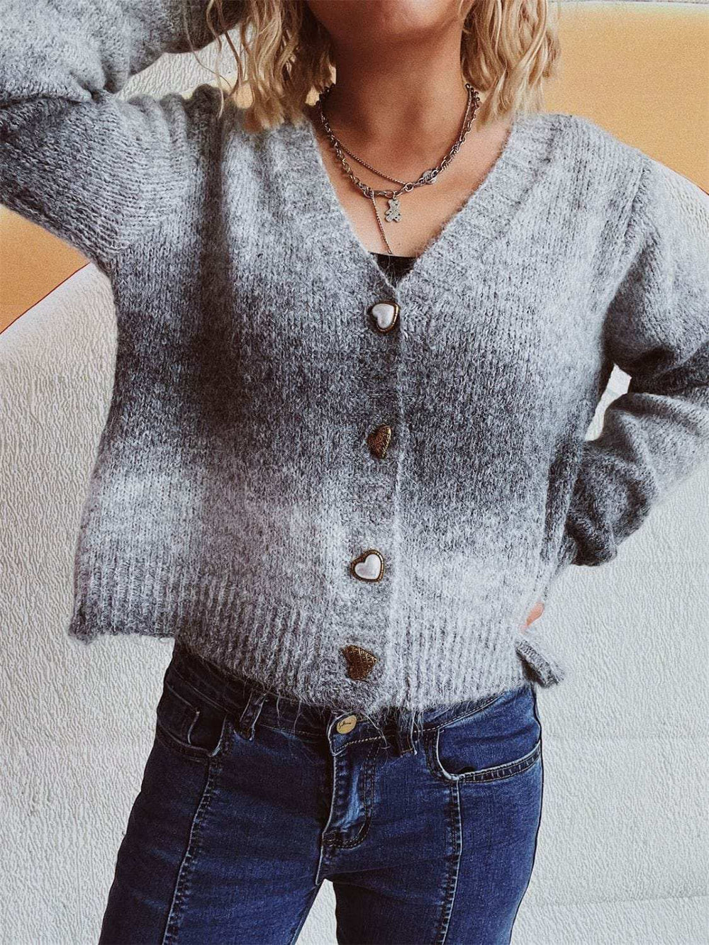 Gradient Heart Shape Button V-Neck Cardigan - Trendsi - Flyclothing LLC