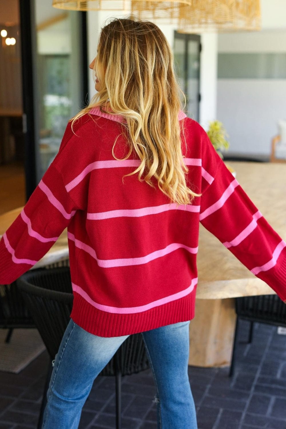 Haptics Collared Neck Striped Contrast Sweater - Trendsi