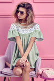 BiBi Lace Detail Short Sleeve Striped Blouse - Trendsi - Flyclothing LLC