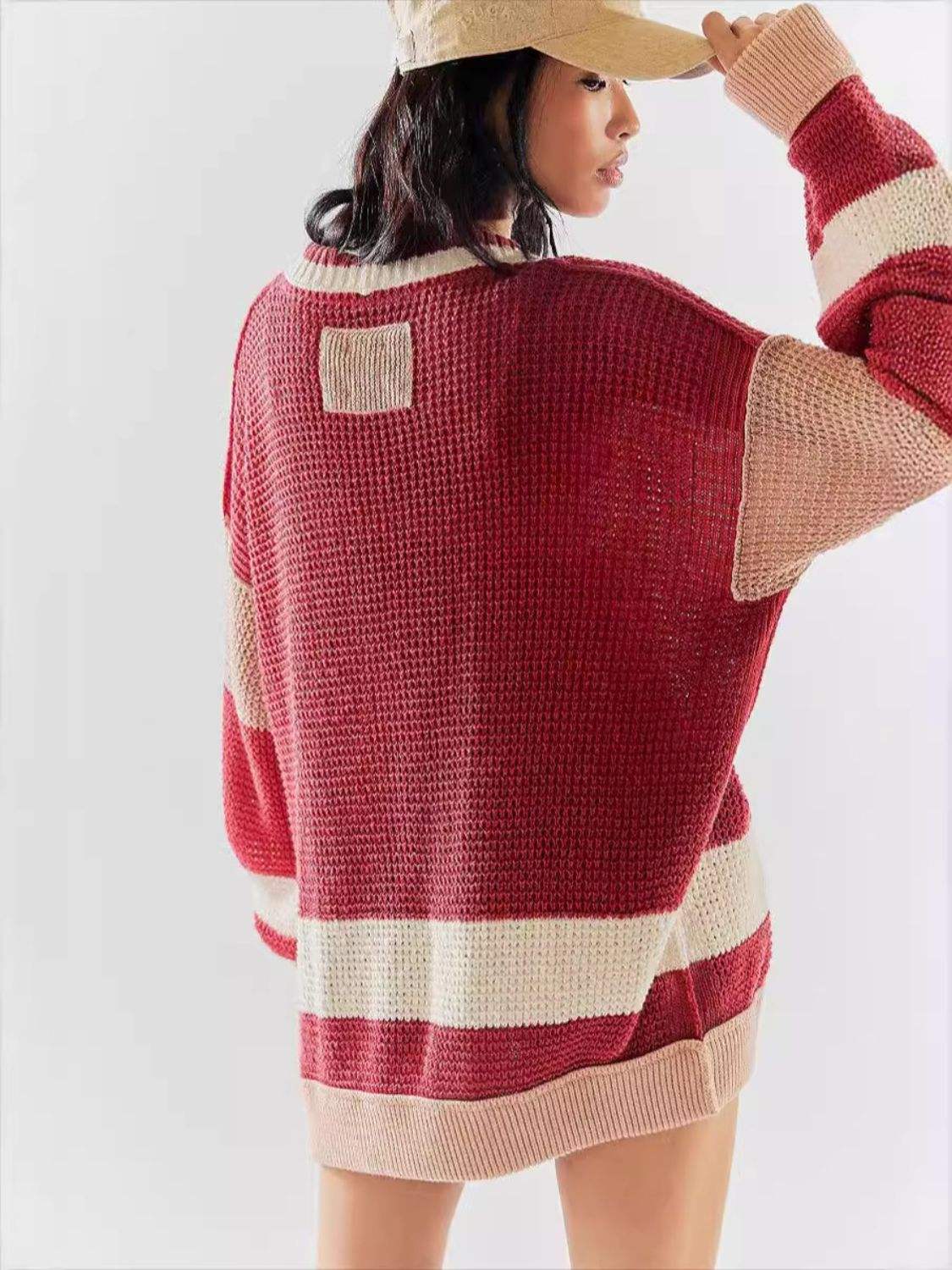 Pocketed Contrast V-Neck Long Sleeve Cardigan - Trendsi - Flyclothing LLC