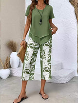 Layered Top and Leaf Print Cropped Pants Set - Trendsi - Flyclothing LLC