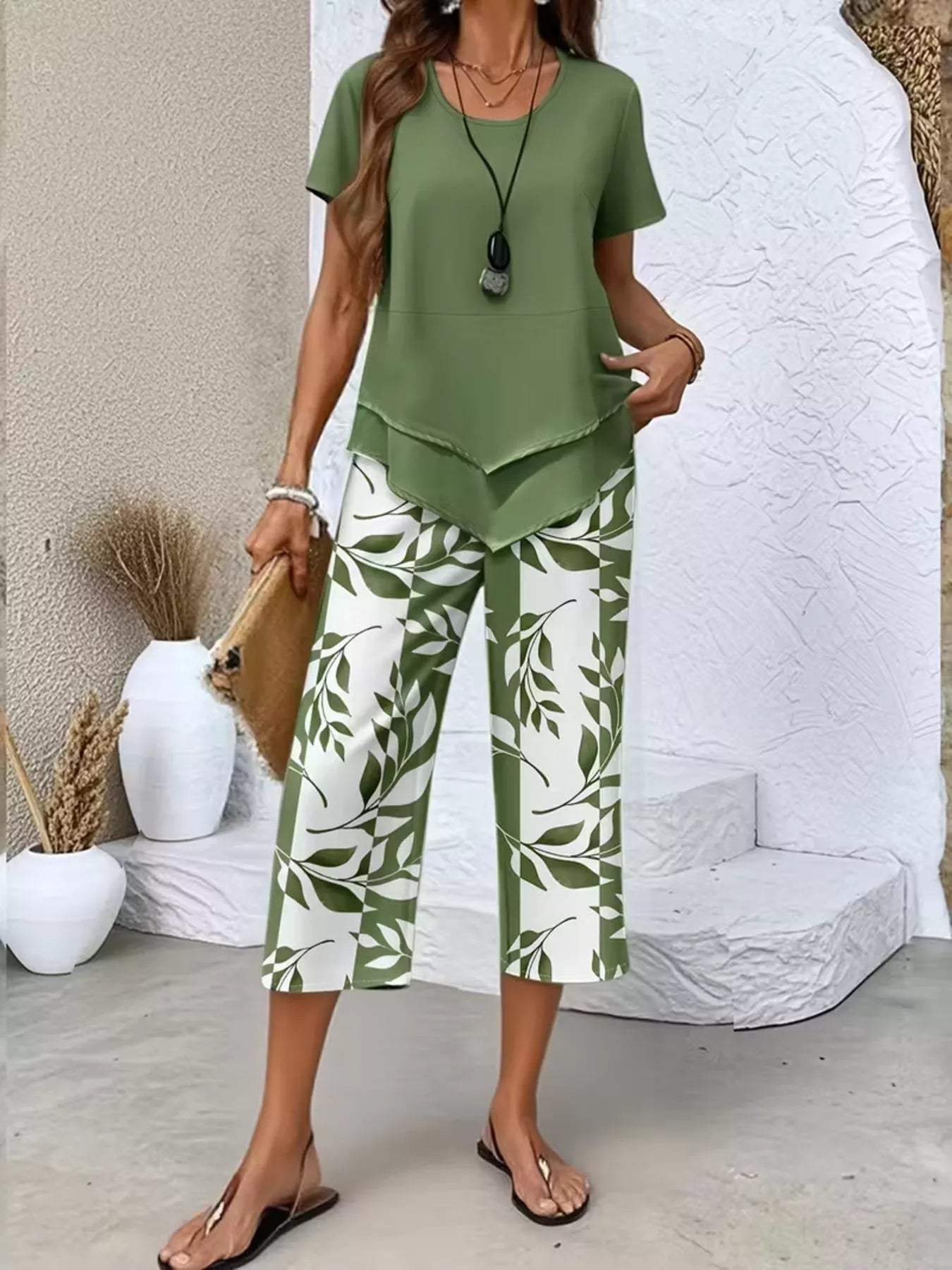Layered Top and Leaf Print Cropped Pants Set - Trendsi - Flyclothing LLC