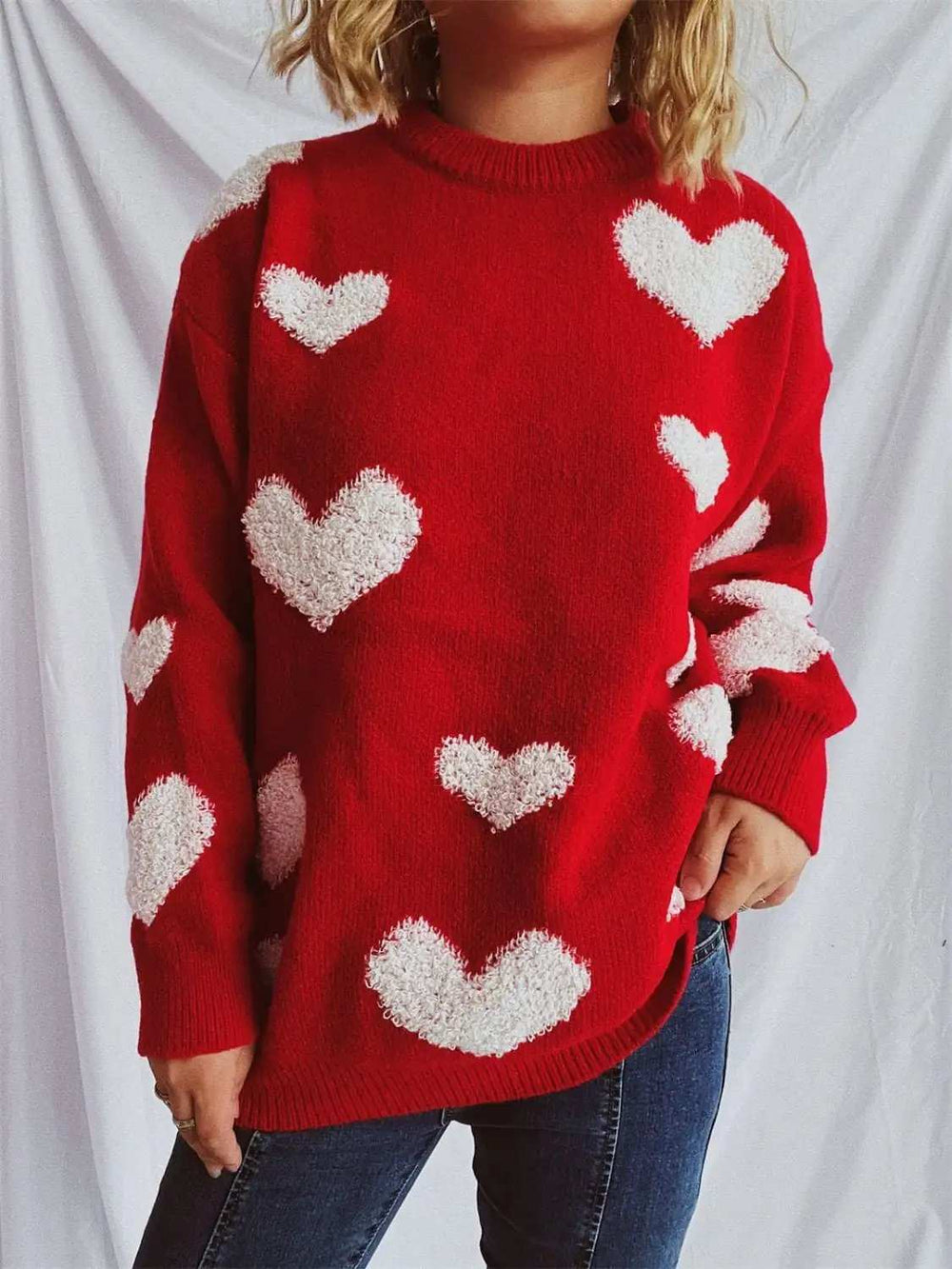 Heart Round Neck Dropped Shoulder Sweater - Trendsi - Flyclothing LLC